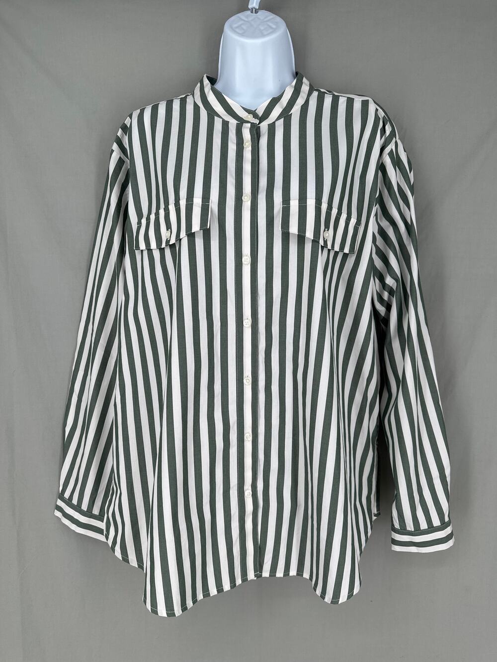Ann Taylor Top Womens XL Green Striped White Button Oversized Pocket Classic